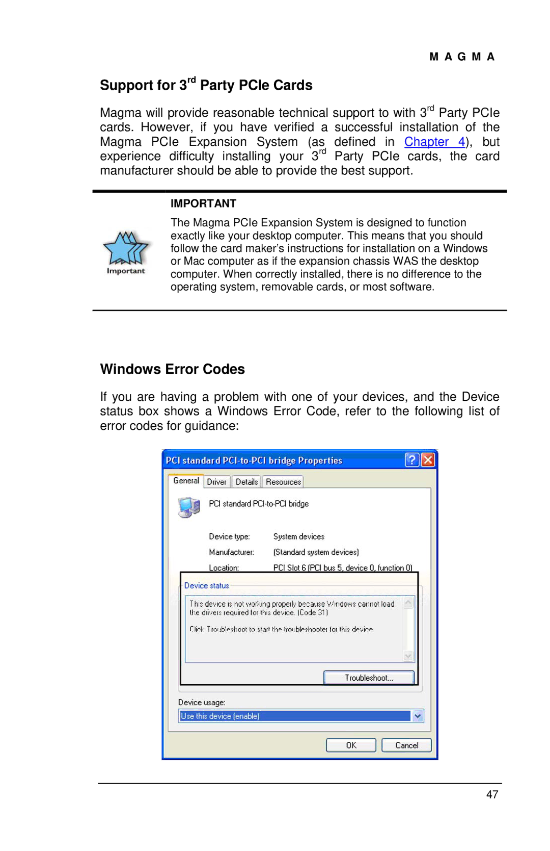 Magma EB2R user manual Support for 3rd Party PCIe Cards, Windows Error Codes 