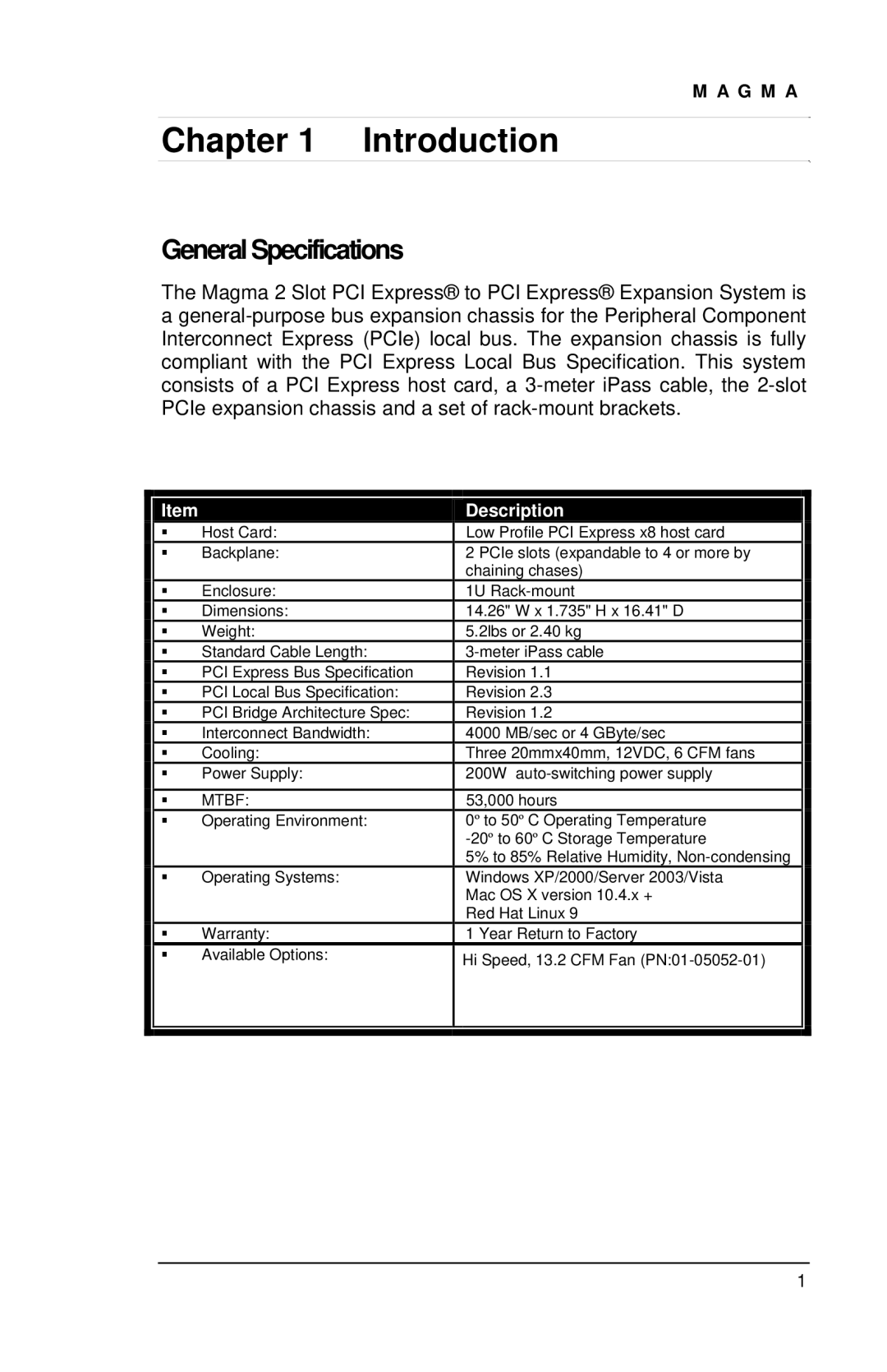 Magma EB2R user manual Introduction, General Specifications 