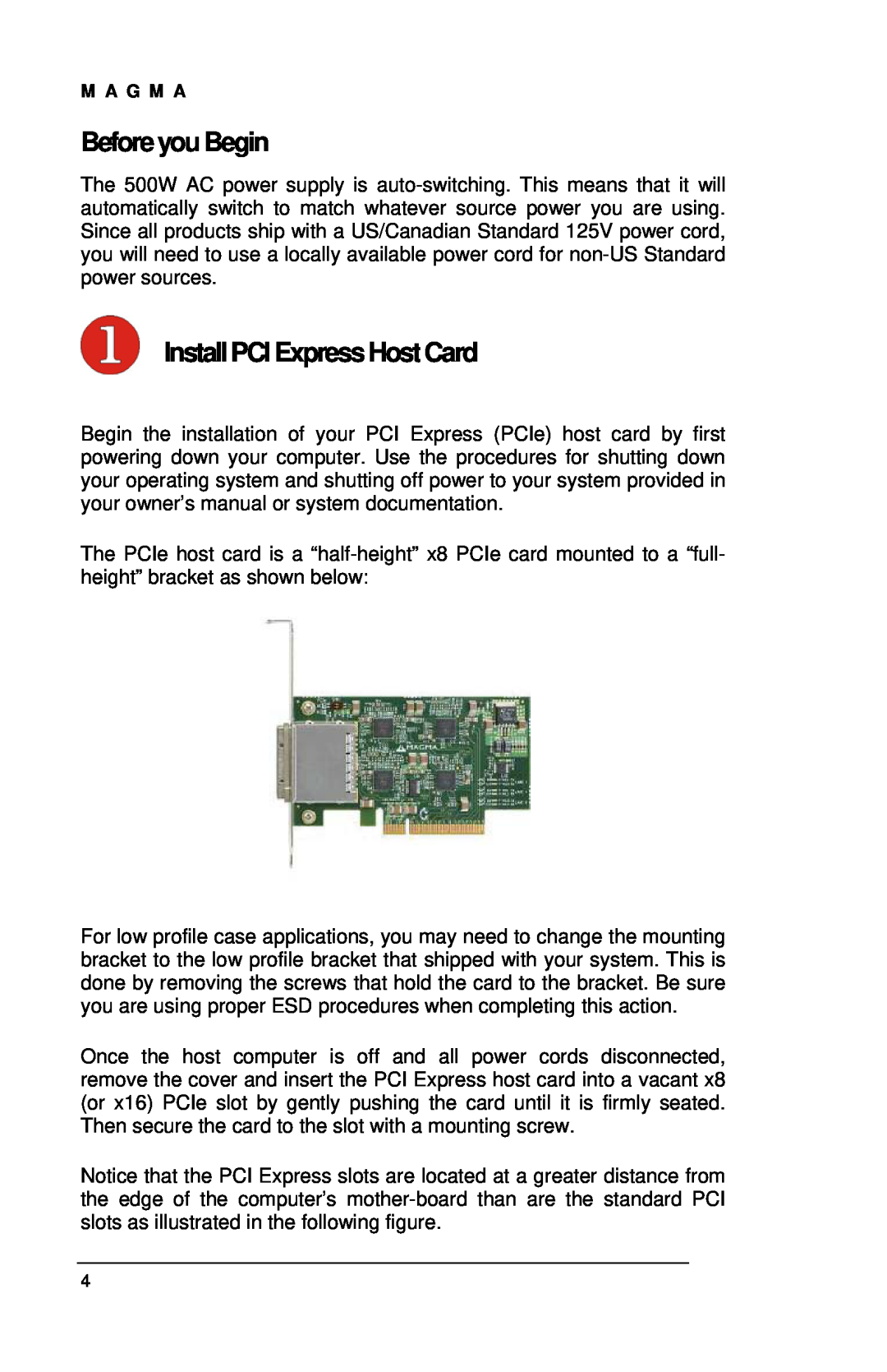 Magma EB7-x8, EB7R-x8, EBU user manual Before you Begin, Install PCI Express Host Card 