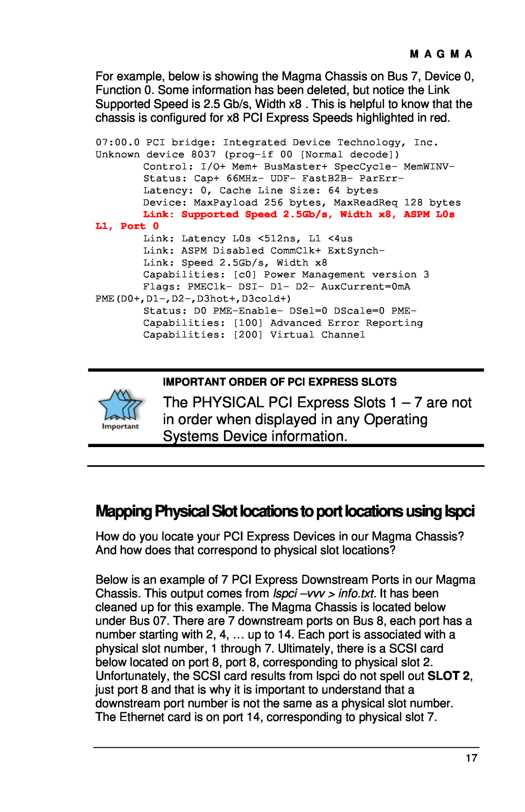 Magma EB7R-x8, EBU, EB7-x8 user manual Mapping Physical Slot locationsto port locations using lspci 