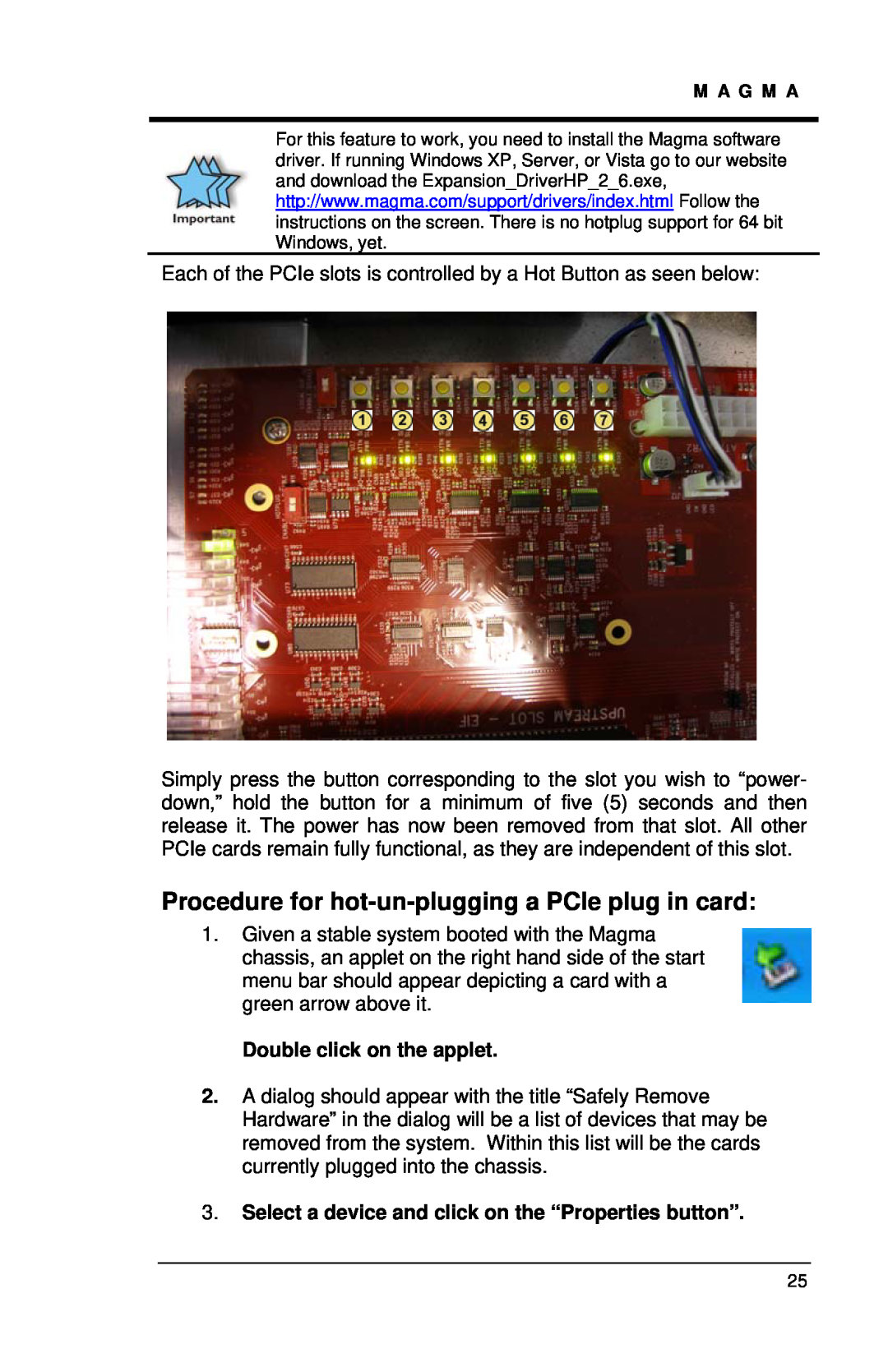 Magma EB7-x8, EB7R-x8, EBU user manual Procedure for hot-un-plugging a PCIe plug in card, Double click on the applet 