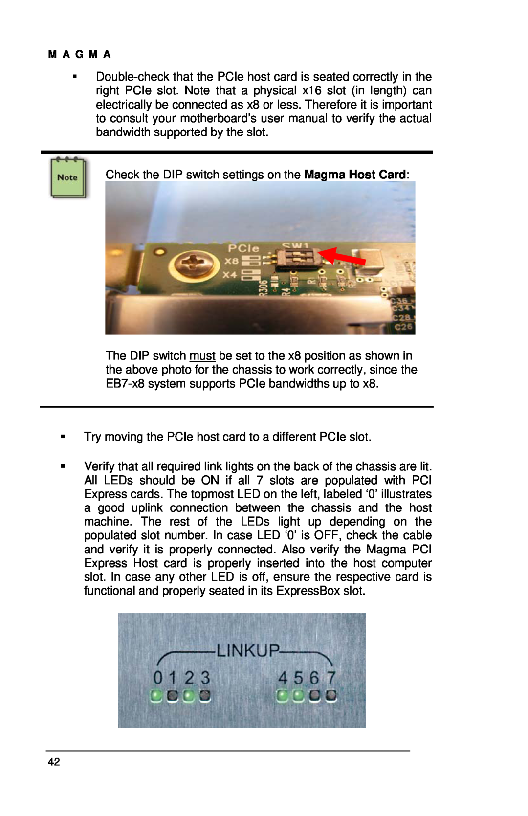 Magma EBU, EB7R-x8, EB7-x8 user manual Check the DIP switch settings on the Magma Host Card 