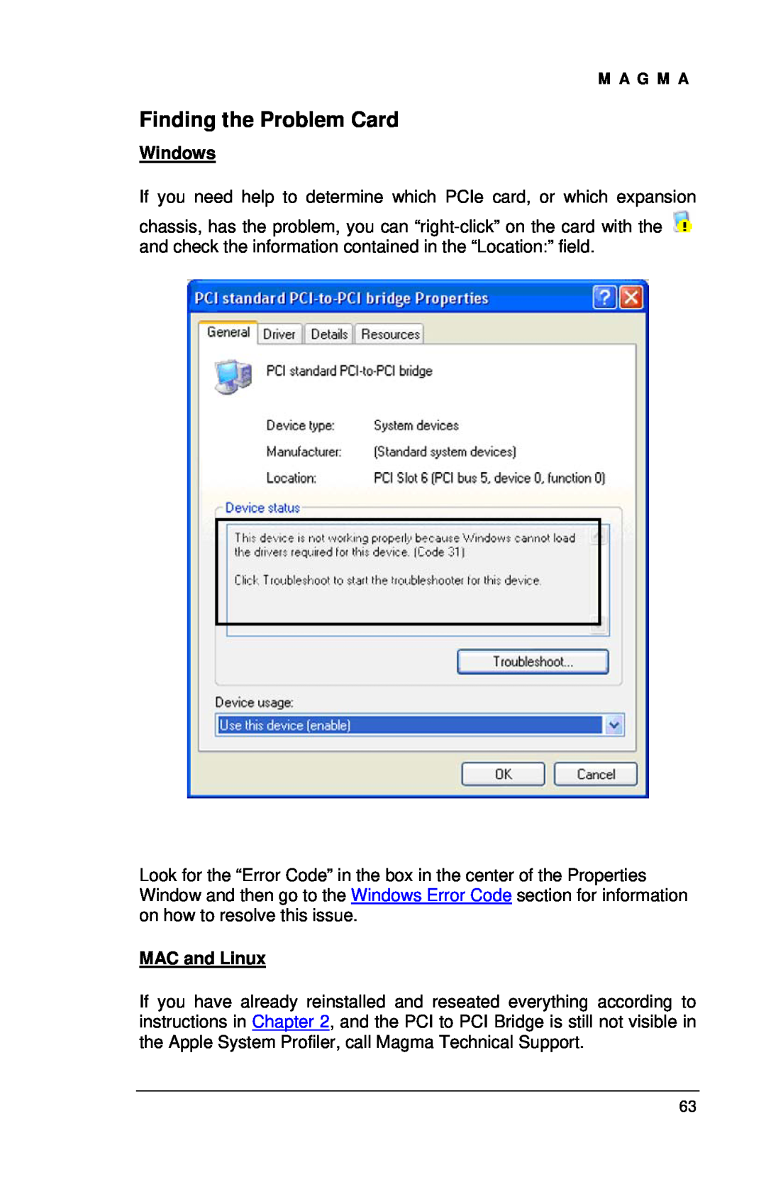 Magma EBU, EB7R-x8, EB7-x8 user manual Finding the Problem Card, Windows, MAC and Linux 