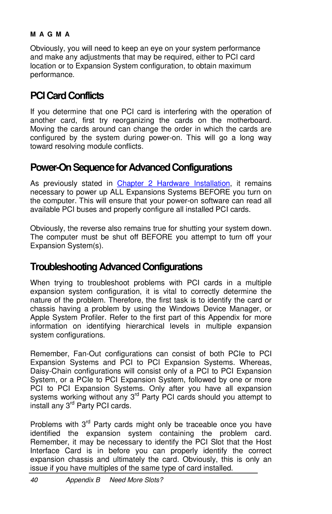 Magma P13RR manual PCI Card Conflicts, Power-OnSequenceforAdvanced Configurations, Troubleshooting AdvancedConfigurations 