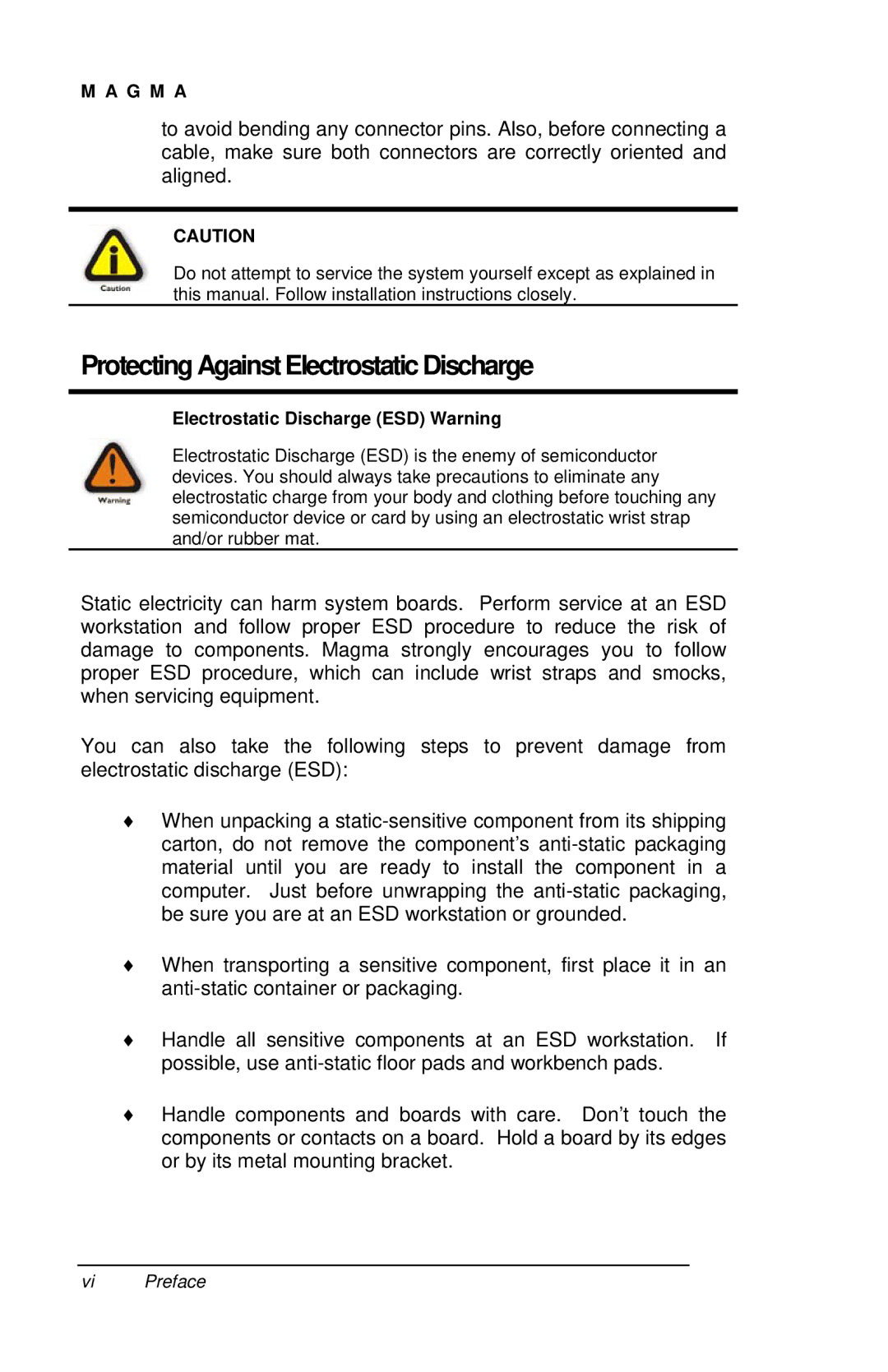 Magma P13RR manual Protecting Against Electrostatic Discharge, Electrostatic Discharge ESD Warning 