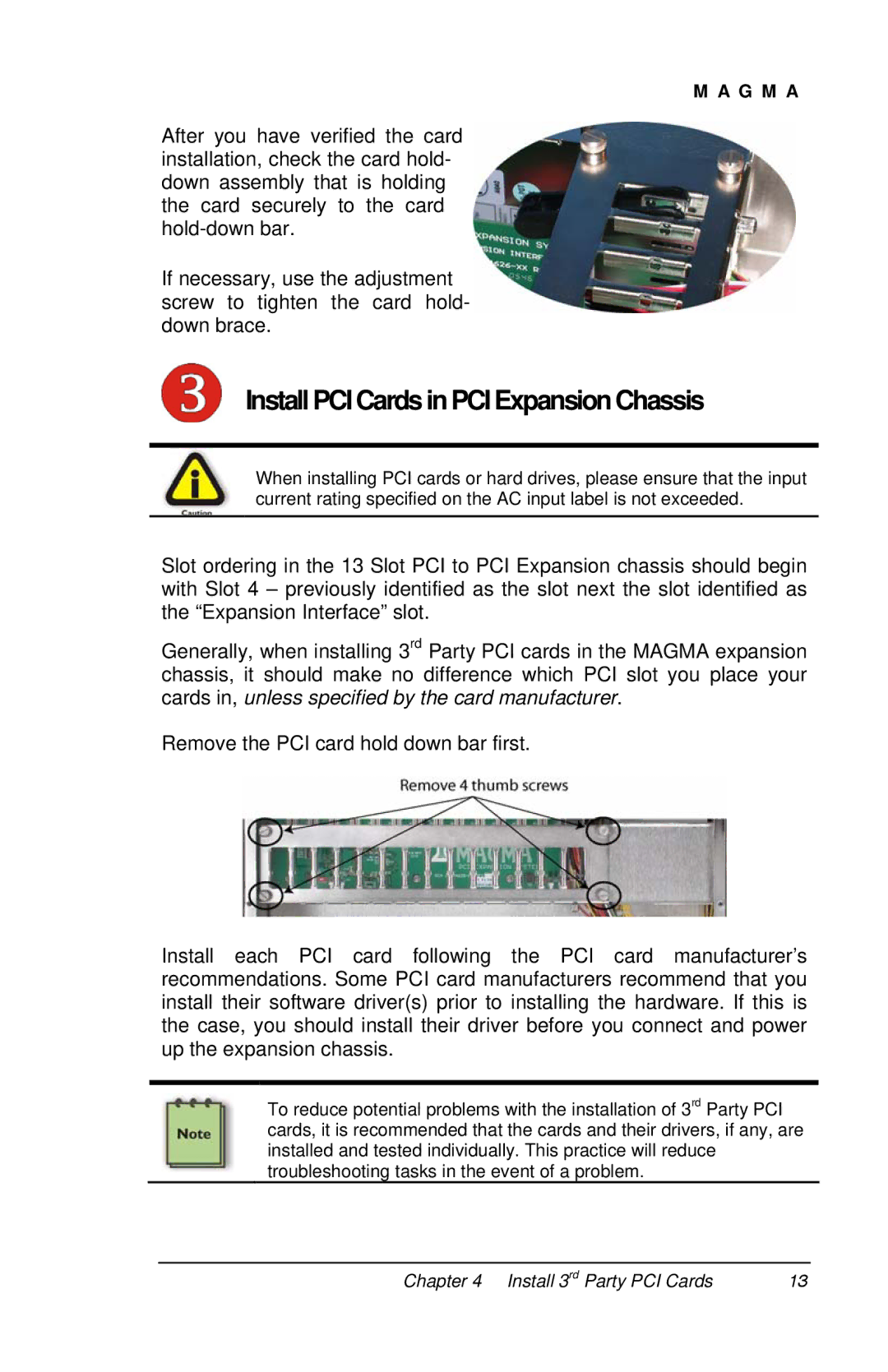 Magma P13RR-TEL user manual InstallPCICards inPCI Expansion Chassis 