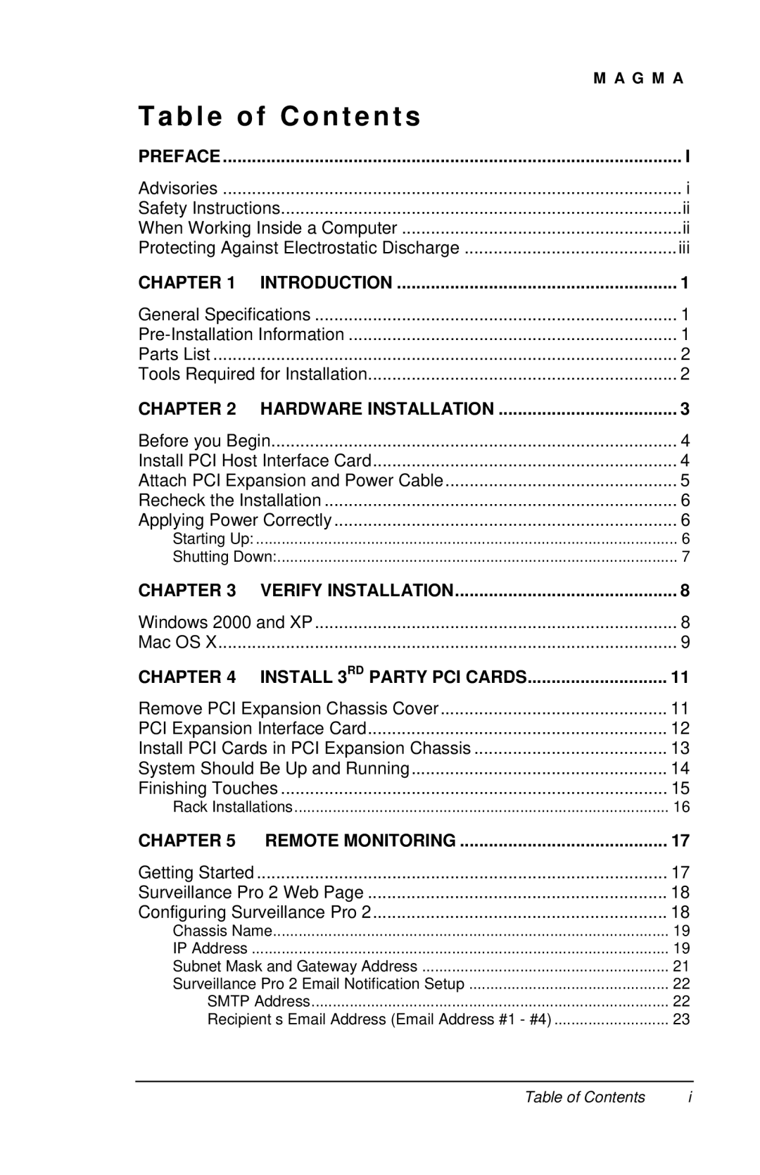 Magma P13RR-TEL user manual Table of Contents 