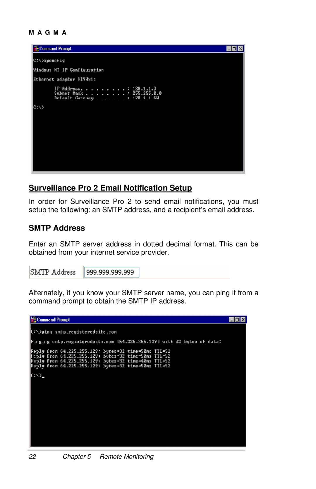 Magma P13RR-TEL user manual Surveillance Pro 2 Email Notification Setup, Smtp Address 