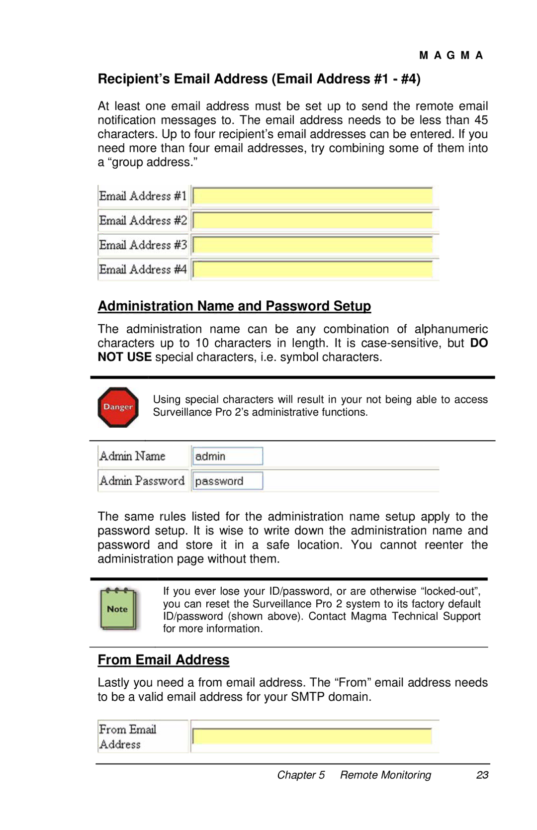 Magma P13RR-TEL Recipient’s Email Address Email Address #1 #4, Administration Name and Password Setup, From Email Address 