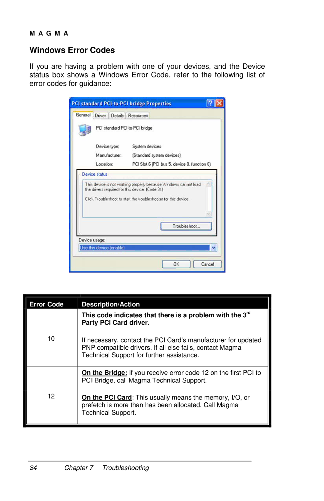 Magma P13RR-TEL user manual Windows Error Codes, Error Code Description/Action 