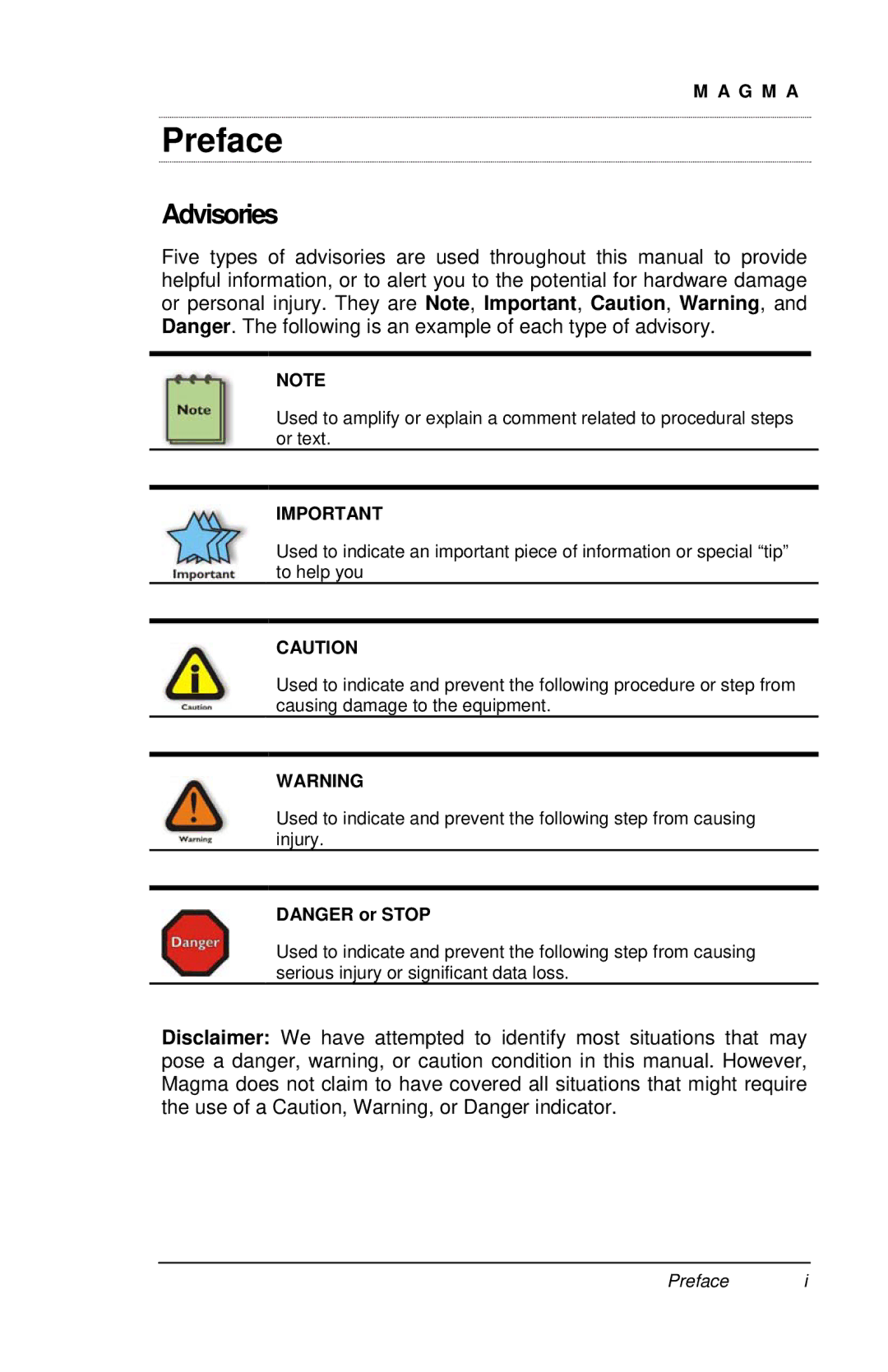 Magma P13RR-TEL user manual Preface, Advisories 