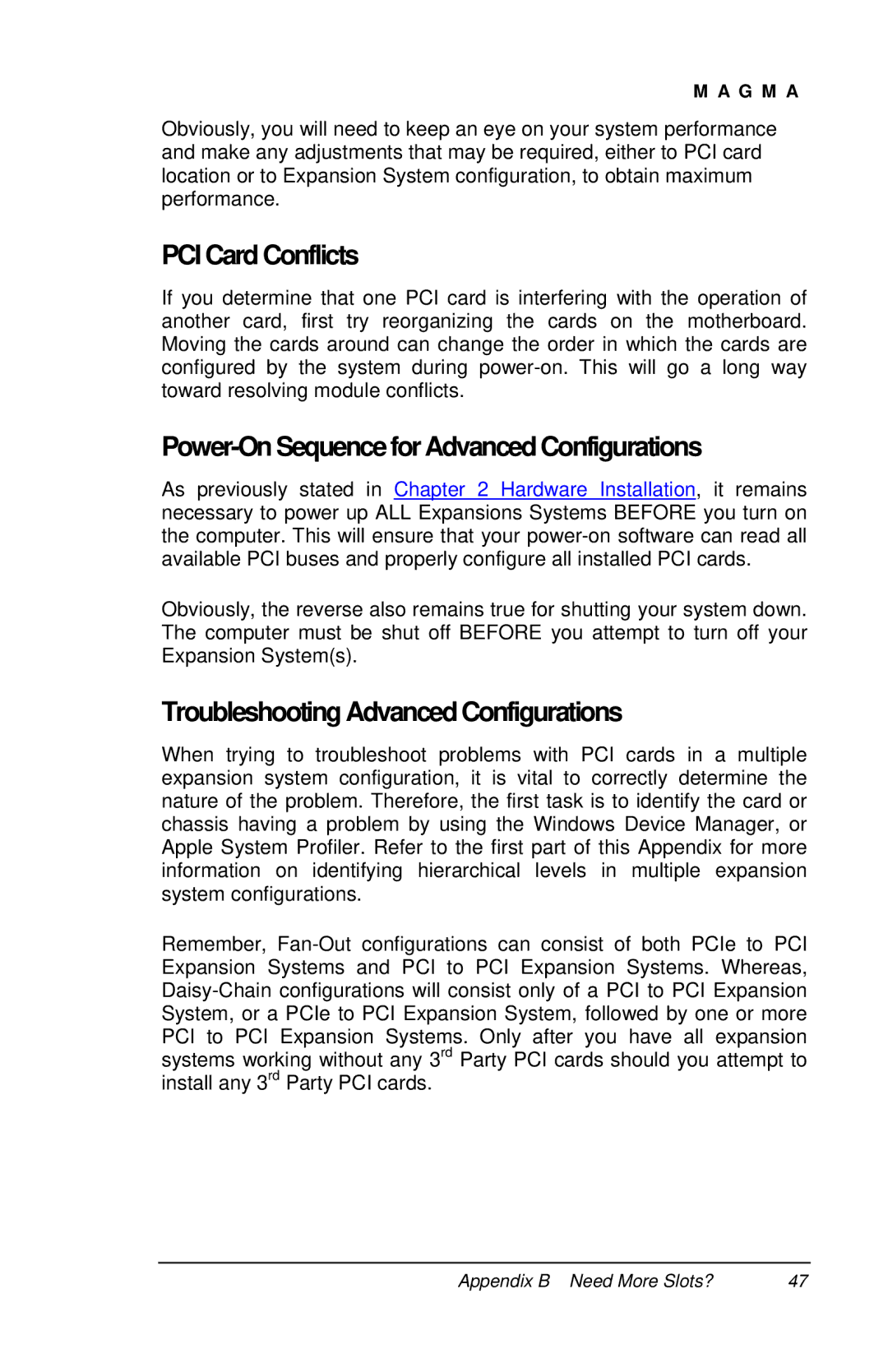 Magma P13RR-TEL PCI Card Conflicts, Power-On Sequence forAdvanced Configurations, Troubleshooting AdvancedConfigurations 