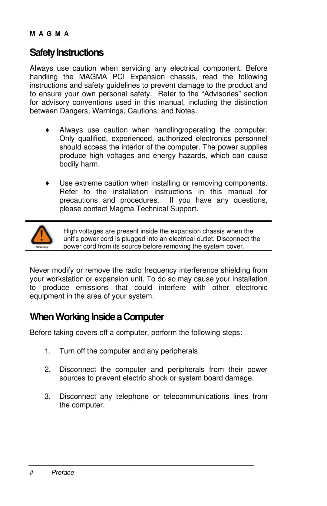 Magma P13RR-TEL user manual SafetyInstructions, WhenWorkingInsideaComputer 