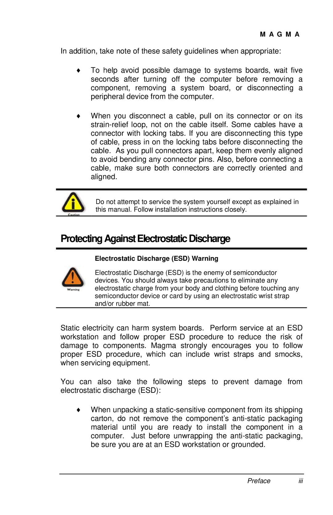 Magma P13RR-TEL user manual Protecting Against Electrostatic Discharge, Electrostatic Discharge ESD Warning 