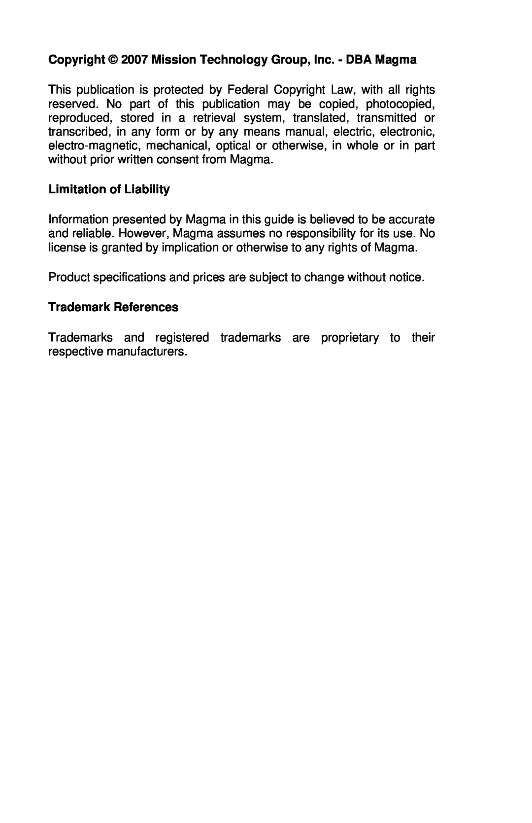 Magma P13RR-TEL Copyright 2007 Mission Technology Group, Inc. - DBA Magma, Limitation of Liability, Trademark References 