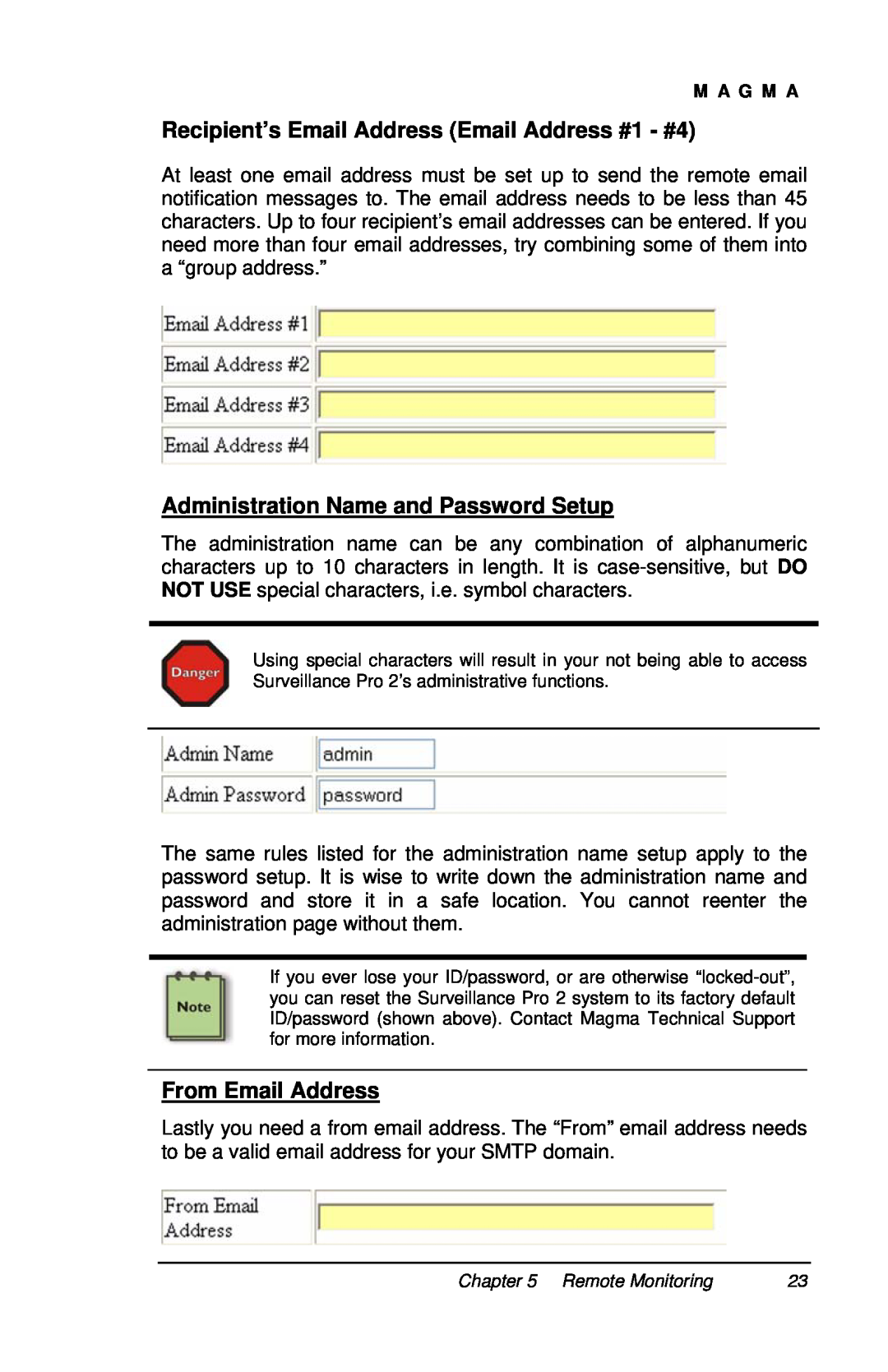 Magma P13RR-TEL user manual Recipient’s Email Address Email Address #1 - #4, Administration Name and Password Setup 