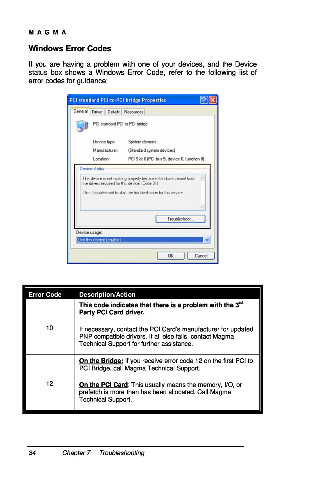 Magma P13RR-TEL user manual Windows Error Codes, M A G M A, Description/Action, Troubleshooting 