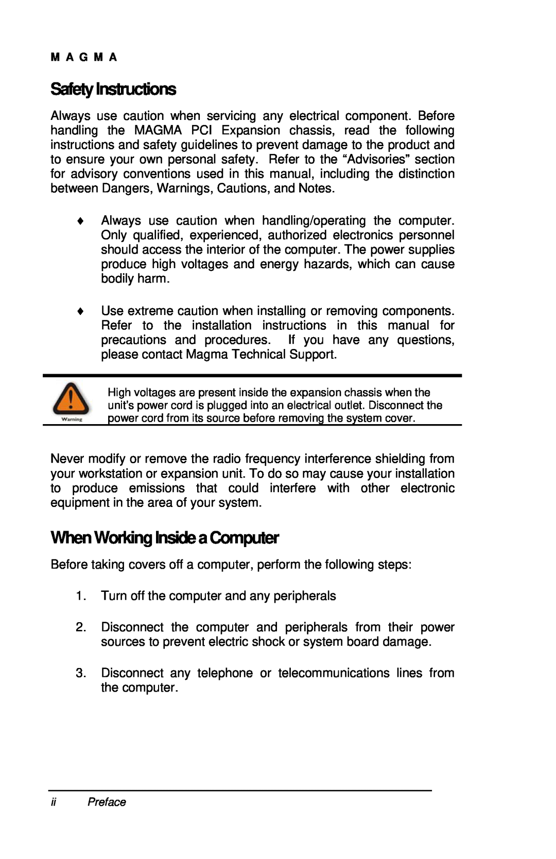 Magma P13RR-TEL user manual SafetyInstructions, WhenWorkingInsideaComputer 