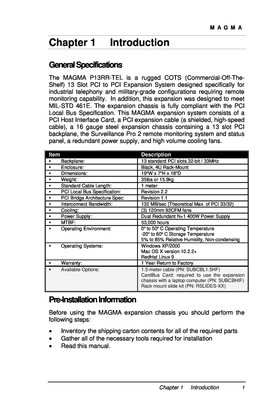 Magma P13RR-TEL user manual Introduction, General Specifications, Pre-InstallationInformation, M A G M A, Description 