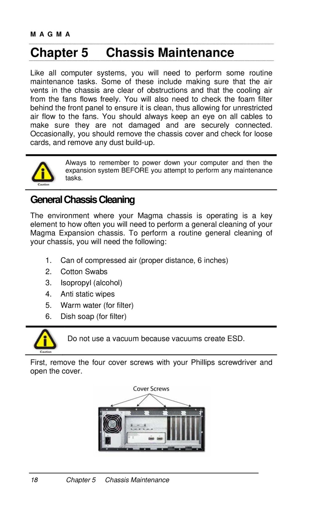 Magma PE6R4, PE6RR user manual Chassis Maintenance, GeneralChassisCleaning 