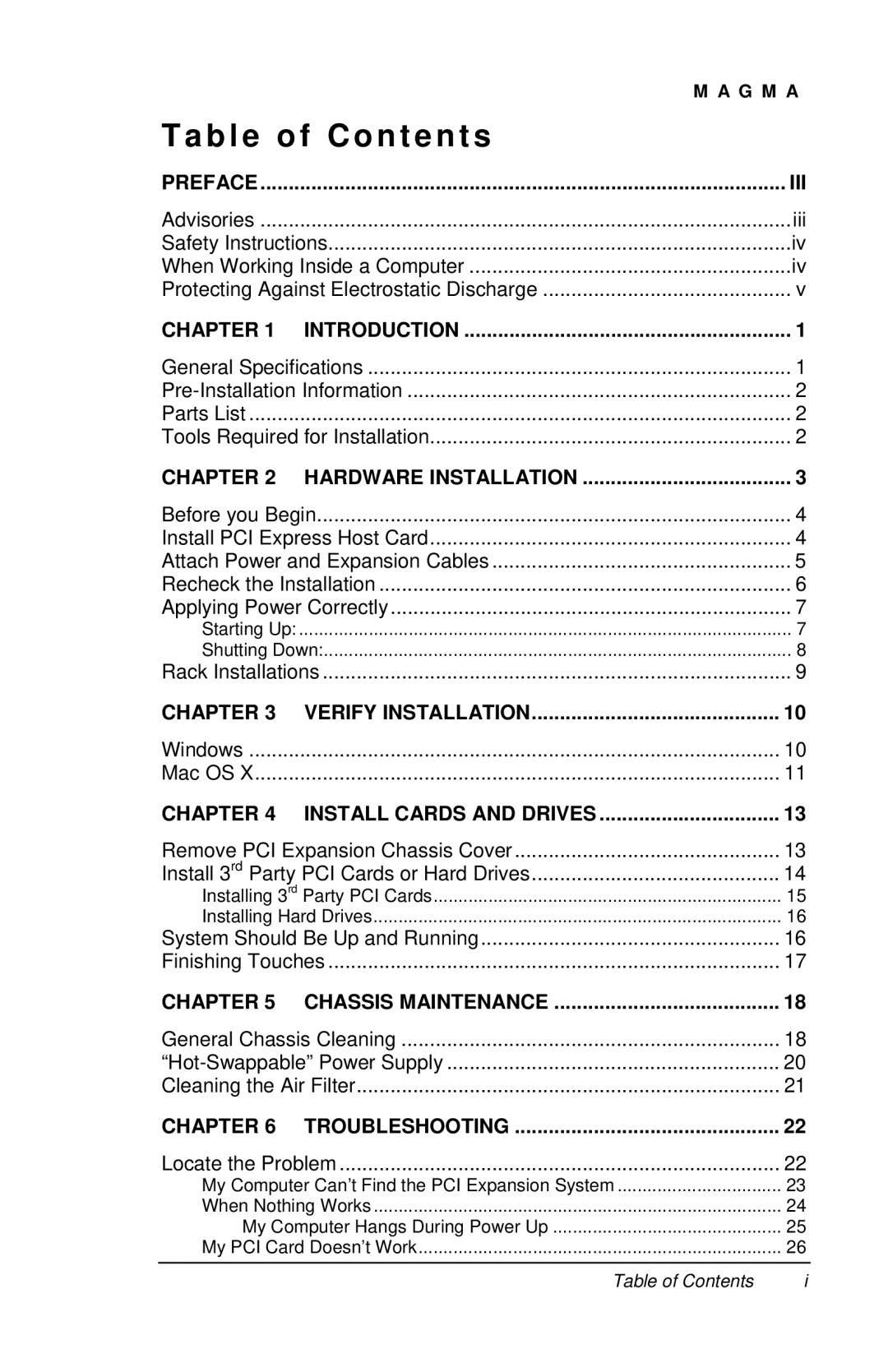 Magma PE6RR, PE6R4 user manual Table of Contents 