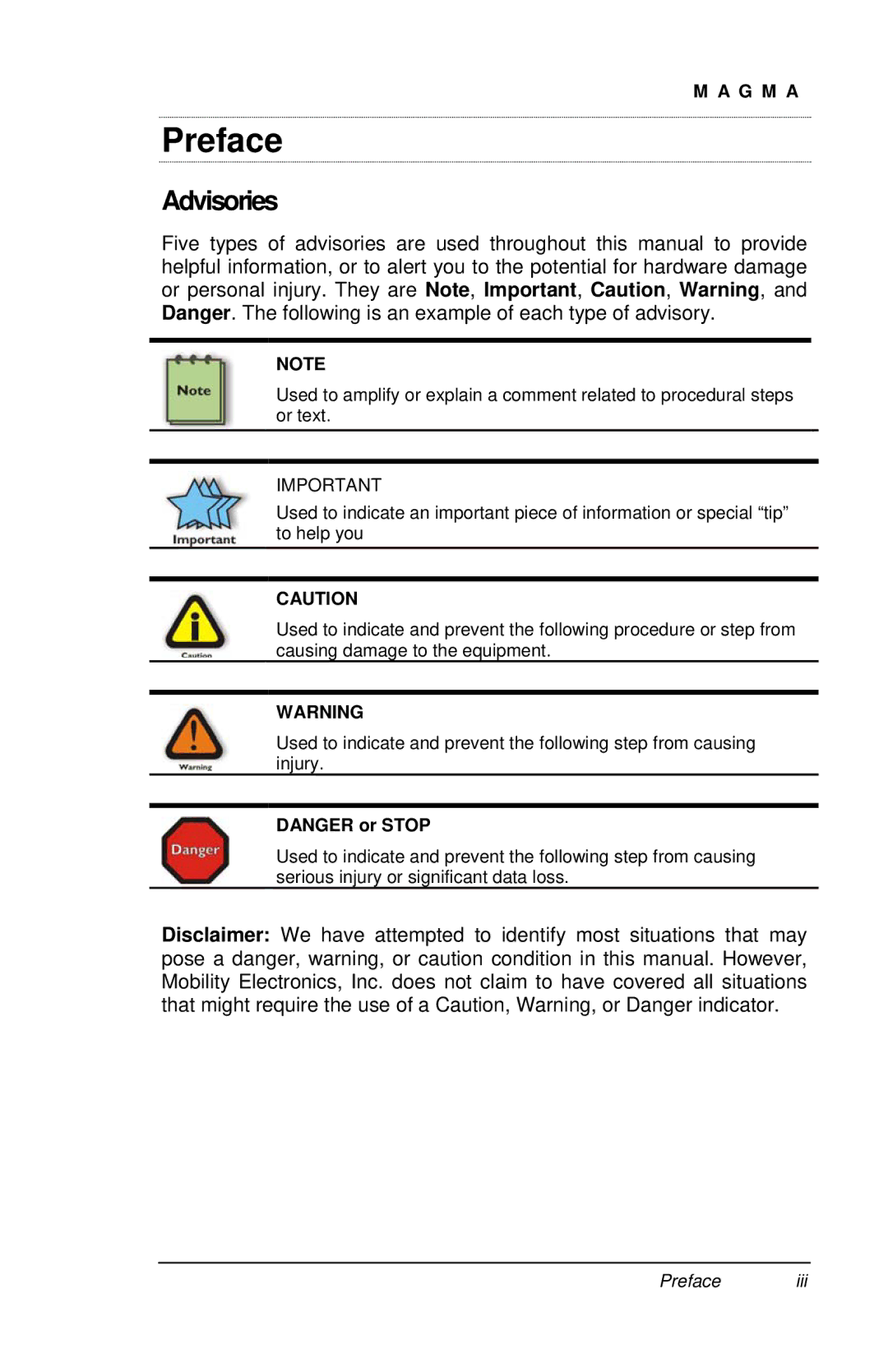 Magma PE6RR, PE6R4 user manual Preface, Advisories 