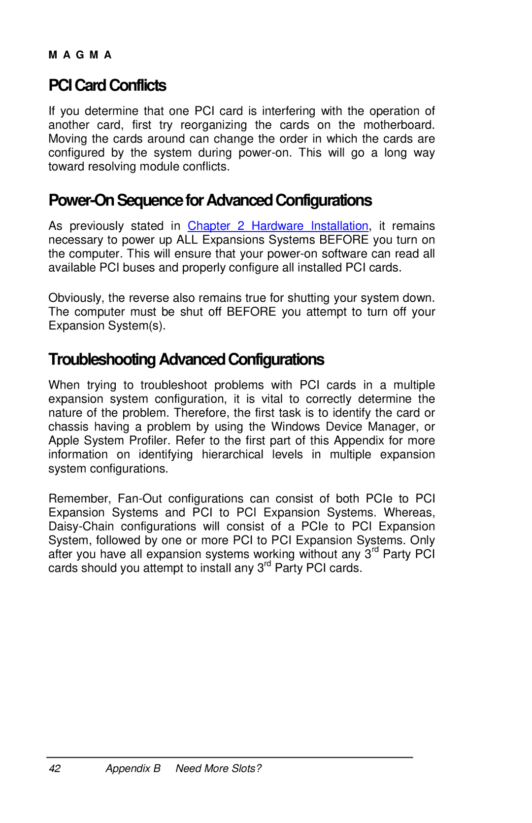 Magma PE6R4, PE6RR PCI Card Conflicts, Power-OnSequenceforAdvanced Configurations, Troubleshooting AdvancedConfigurations 