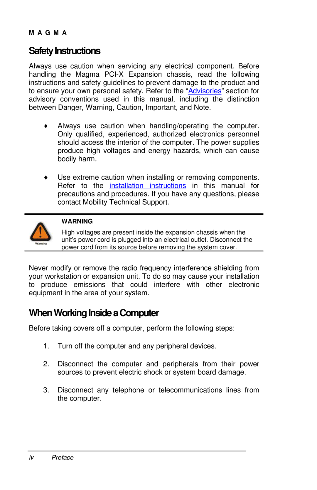 Magma PE6R4, PE6RR user manual SafetyInstructions, WhenWorkingInsideaComputer 