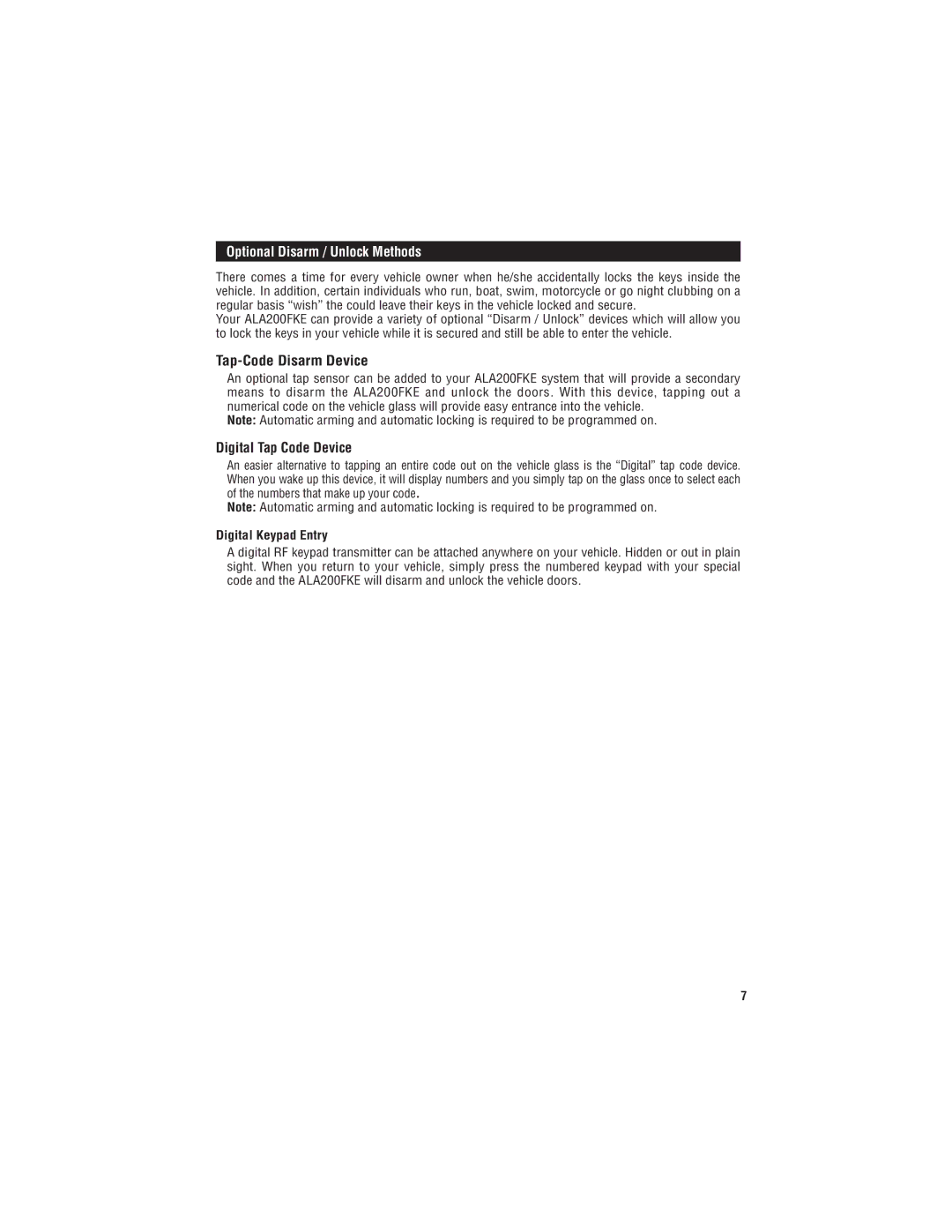 Magnadyne ALA200FKE owner manual Optional Disarm / Unlock Methods, Tap-Code Disarm Device, Digital Tap Code Device 