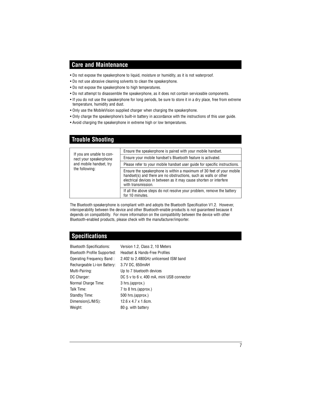 Magnadyne BT-HFKP10 installation manual Care and Maintenance, Trouble Shooting, Specifications 