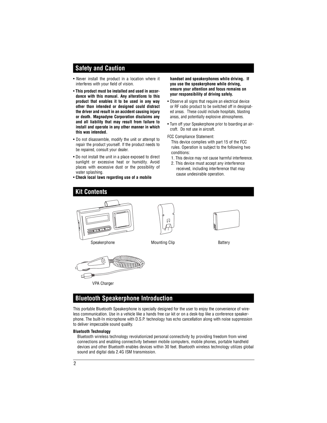 Magnadyne BT-HFKP30 Safety and Caution, Kit Contents, Bluetooth Speakerphone Introduction, Bluetooth Technology 