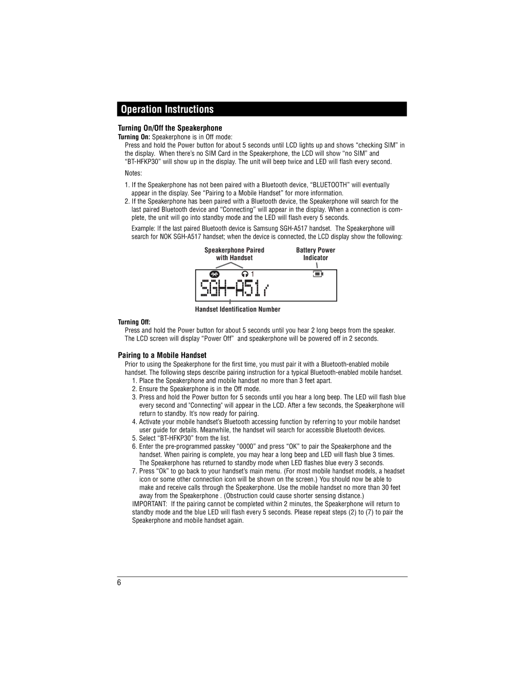 Magnadyne BT-HFKP30 Operation Instructions, Turning On/Off the Speakerphone, Pairing to a Mobile Handset, Turning Off 