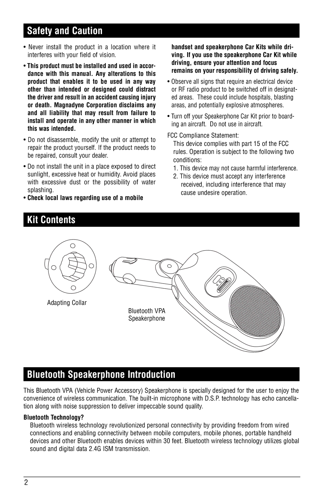 Magnadyne BT-HFKP5 Safety and Caution, Kit Contents, Bluetooth Speakerphone Introduction, Bluetooth Technology? 