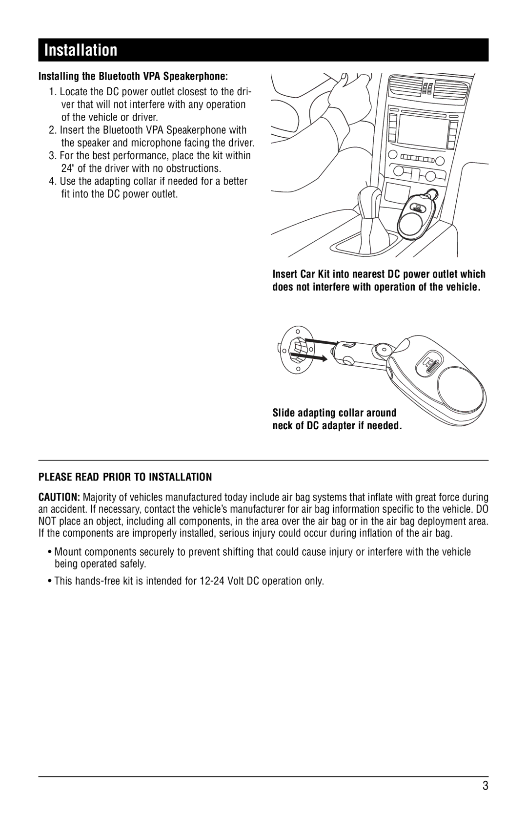 Magnadyne BT-HFKP5 installation manual Installation, Installing the Bluetooth VPA Speakerphone 