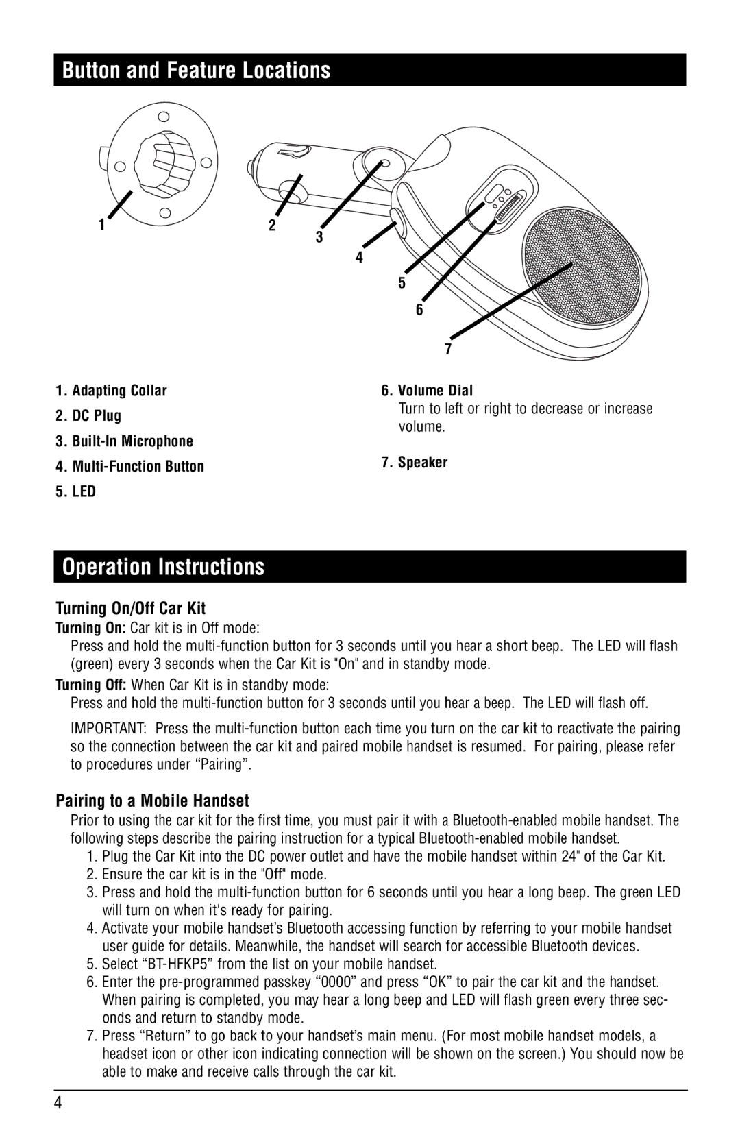 Magnadyne BT-HFKP5 Button and Feature Locations, Operation Instructions, Turning On/Off Car Kit, Speaker 