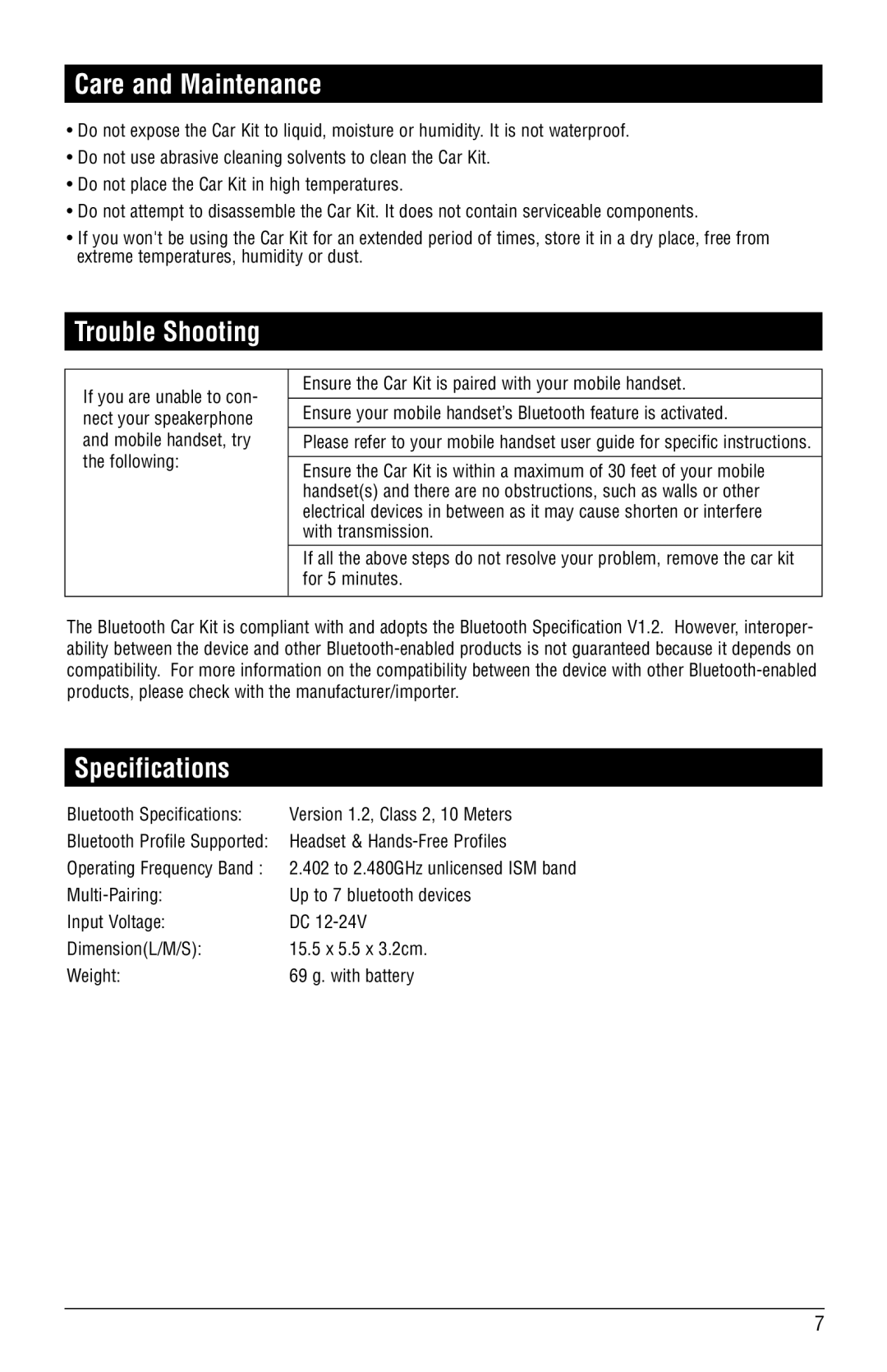 Magnadyne BT-HFKP5 installation manual Care and Maintenance, Trouble Shooting, Specifications 