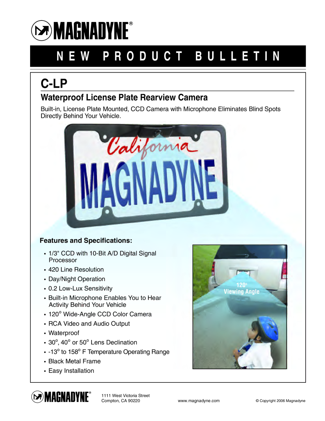 Magnadyne C-LP specifications W P R O D U C T B U L L E T I N, Waterproof License Plate Rearview Camera 