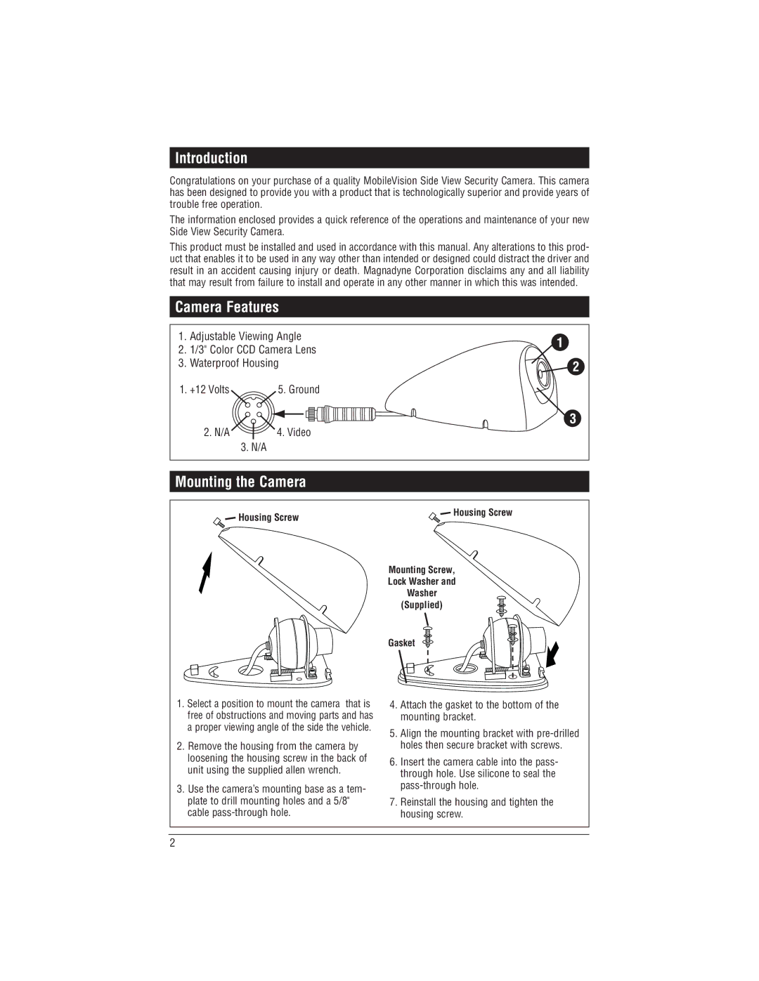 Magnadyne C-SDR, C-SDL installation manual Introduction, Camera Features, Mounting the Camera, Housing Screw 