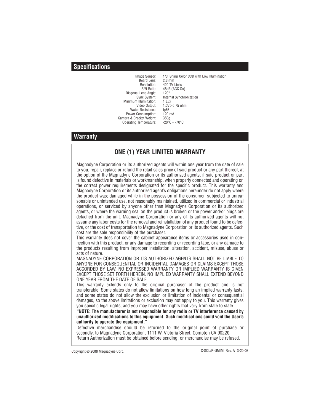 Magnadyne C-SDR, C-SDL installation manual Specifications, Warranty 