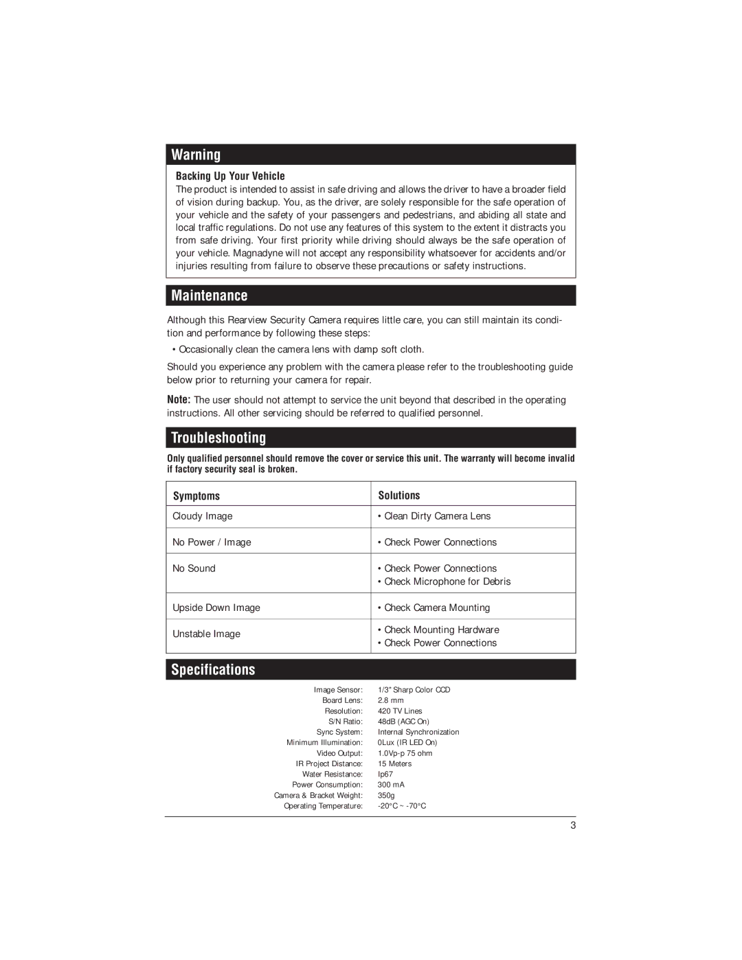 Magnadyne C125 Black, C125W White installation manual Maintenance, Troubleshooting 