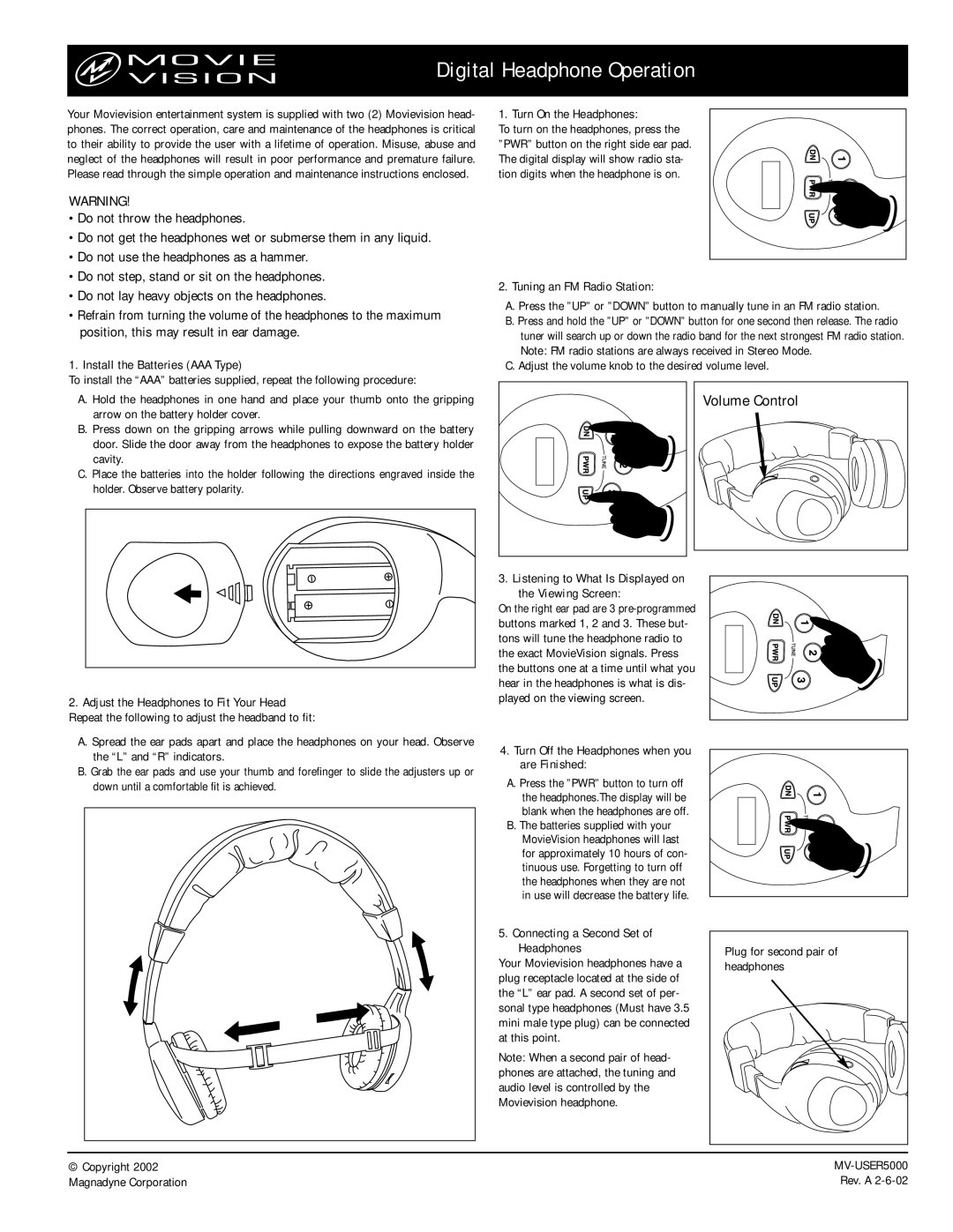 Magnadyne Digital Headphones manual Digital Headphone Operation, Volume Control 