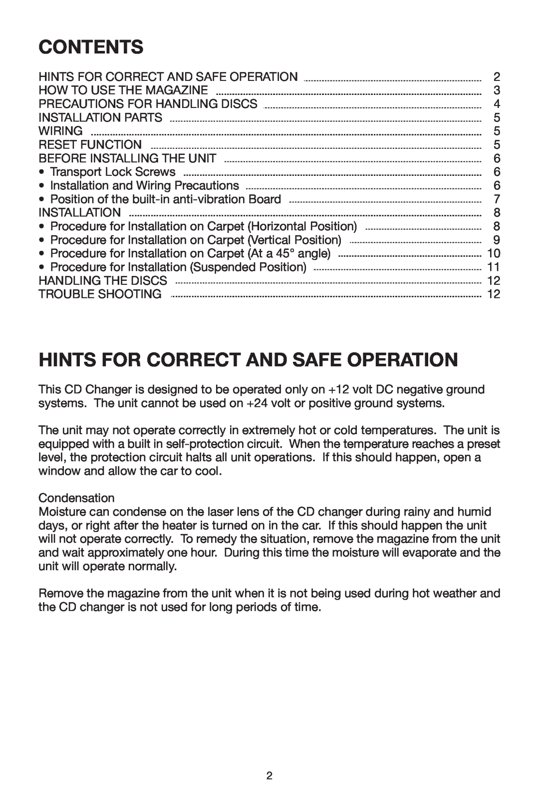 Magnadyne EAX540 manual Contents, Hints For Correct And Safe Operation 