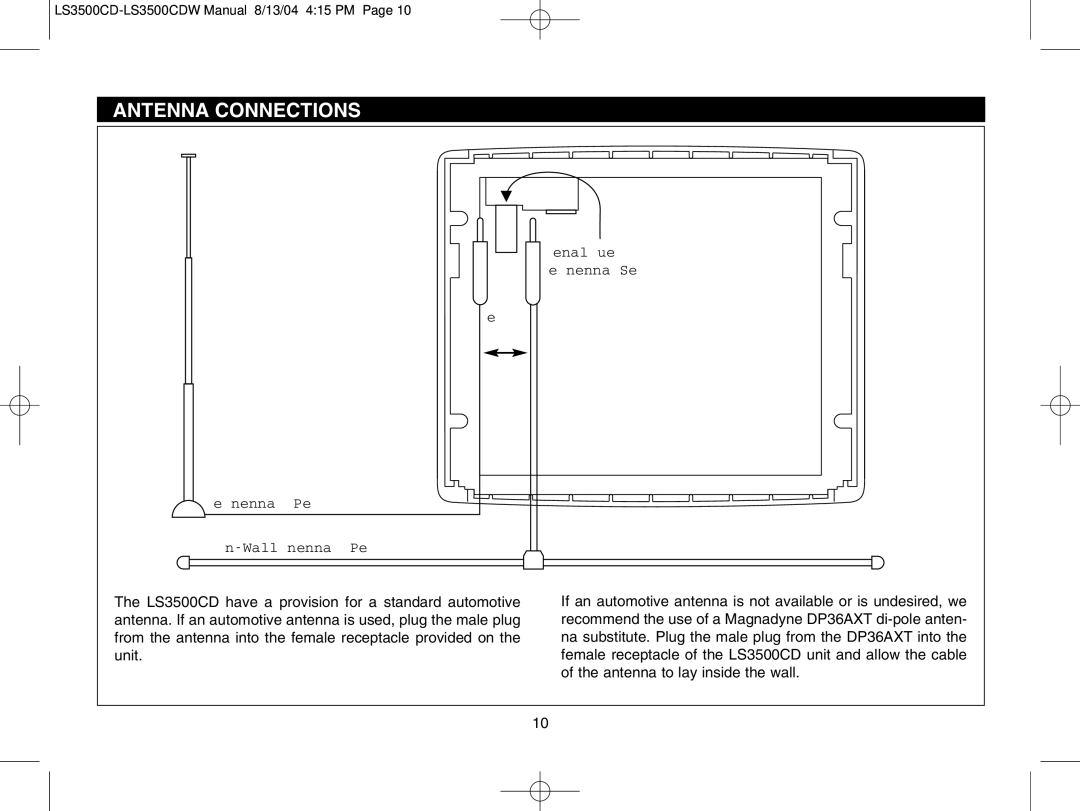 Magnadyne LS3500CDW, LS3500CDB, LS3500CDS owner manual Antenna Connections, External Automotive 