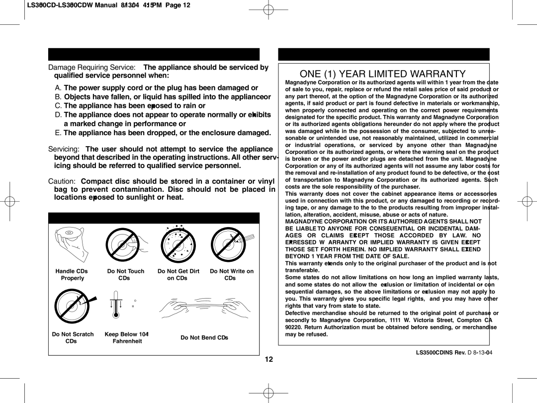 Magnadyne LS3500CDB, LS3500CDW, LS3500CDS owner manual Operation and Maintenance, Warranty 