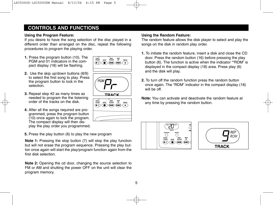 Magnadyne LS3500CDS, LS3500CDB, LS3500CDW owner manual Using the Program Feature, Using the Random Feature 