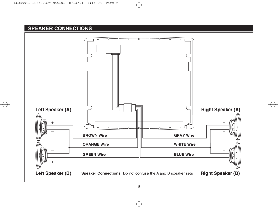 Magnadyne LS3500CDB, LS3500CDW Speaker Connections, Left Speaker A, Right Speaker A, Left Speaker B, Right Speaker B 