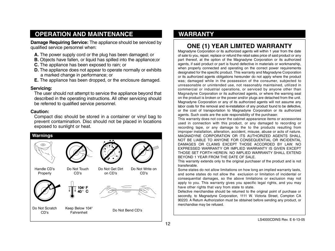 Magnadyne LS4000B, LS4000W, LS4001B, LS4000S LS4001W, LS4001S owner manual Operation and Maintenance, Warranty, Servicing 