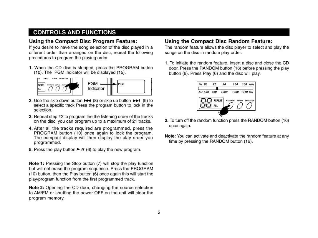 Magnadyne LS4000W, LS4001B Using the Compact Disc Program Feature, Using the Compact Disc Random Feature, Indicator 