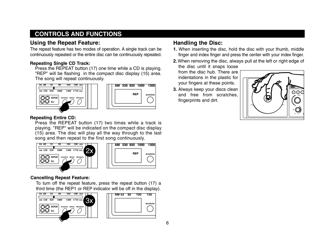 Magnadyne LS4001B, LS4000W, LS4000B, LS4000S LS4001W, LS4001S owner manual Using the Repeat Feature, Handling the Disc 