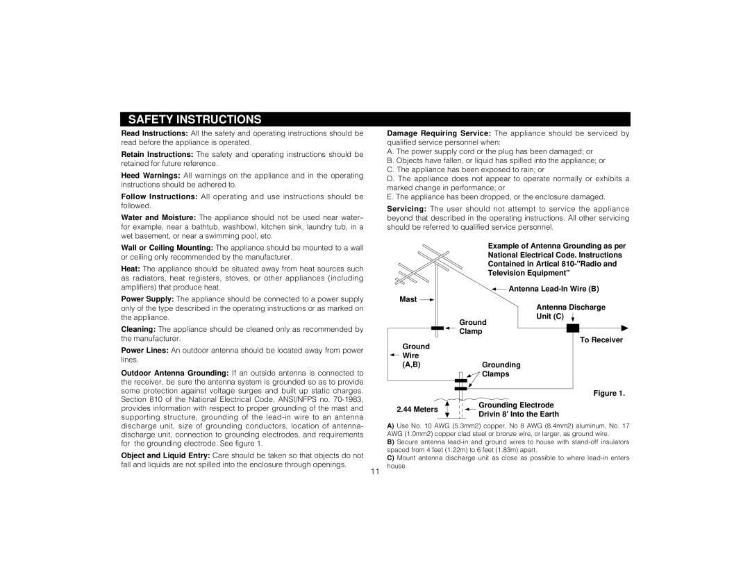 Magnadyne LS6000, LS6300 owner manual Safety Instructions, Mast Ground Wire A,B Meters 